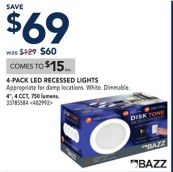 RONA Bazz 4-pack led recessed lights 4, 4 cct, 750 lumens offer