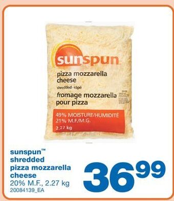 Wholesale Club Sunspun shredded pizza mozzarella pizza mozzarella, 20% m.f., 2.27 kg offer