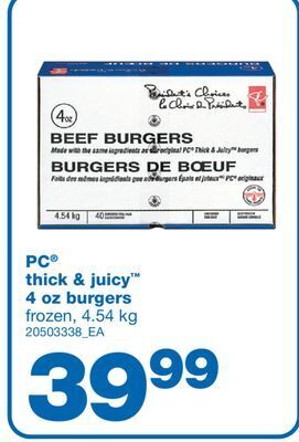 Wholesale Club Pc thick & juicy 4 oz burgers, 4.54 kg offer