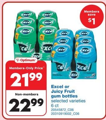 Wholesale Club Excel or juicy fruit gum bottles, 6 ct offer
