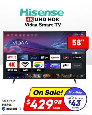 Factory Direct Hisense 58 uhd hdr vidaa smart tv offer