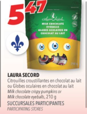 Familiprix Laura secord milk chocolate crispy pumpkins or milk chocolate eyeballs, 210 g offer