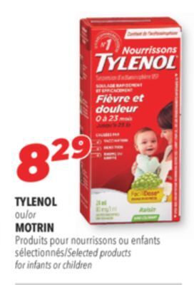 Familiprix Tylenol or motrin selected products for infants or children offer
