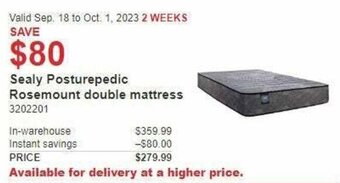Costco Sealy Posturepedic Rosemount double mattress offer