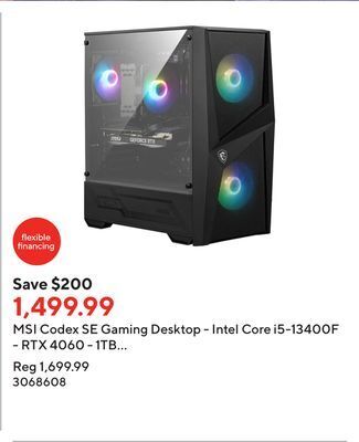 Staples Msi codex se gaming desktop - intel core i5-13400f - rtx 4060 - 1tb ssd - 16gb ram - win 11 home offer