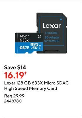 Staples Lexar 128 gb 633x micro sdxc high speed memory card offer