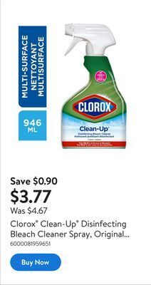 Walmart Clorox clean-up disinfecting bleach cleaner spray, original scent, 946 ml offer