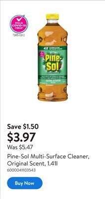 Walmart Pine-sol multi-surface cleaner, original scent, 1.41l offer