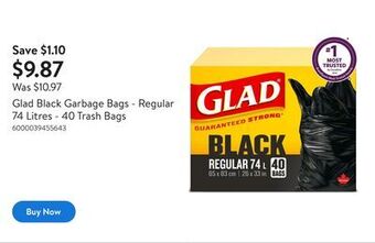 Walmart Glad black garbage bags - regular 74 litres - 40 trash bags offer