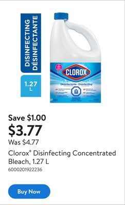 Walmart Clorox disinfecting concentrated bleach, 1.27 l offer