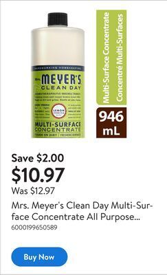 Walmart Mrs. meyer's clean day multi-surface concentrate all purpose cleaner, 946ml, lemon verbena offer