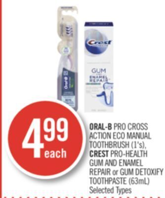 Shoppers Drug Mart Oral-b pro cross action eco manual toothbrush (1's), crest pro-health gum and enamel repair or gum detoxify toothpaste (63ml) offer