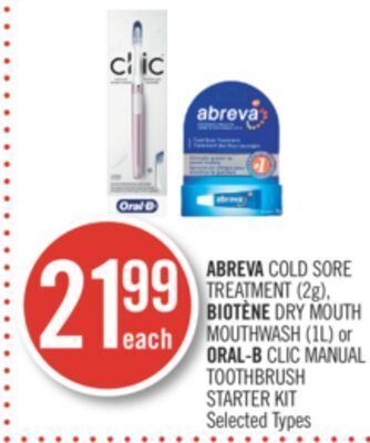 Shoppers Drug Mart Abreva cold sore treatment (2g), biotène dry mouth mouthwash (1l) or oral-b clic manual toothbrush starter kit offer