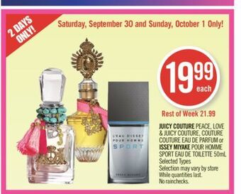 Shoppers Drug Mart Juicy couture peace, love & juicy couture, couture couture eau de parfum or issey miyake pour homme sport eau de toilette 50m offer