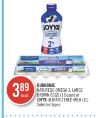 Shoppers Drug Mart Burnbrae naturegg omega 3, large brown eggs (1 dozen) or joyya ultrafiltered milk (1l) offer