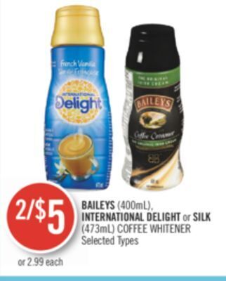 Shoppers Drug Mart Baileys (400ml), international delight or silk (473ml) coffee whitener offer