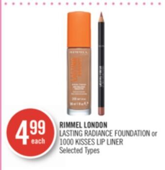 Shoppers Drug Mart Rimmel london lasting radiance foundation or kisses lip liner offer