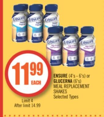 Shoppers Drug Mart Ensure (4's - 6's) or glucerna (6's) meal replacement shakes offer