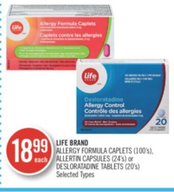 Shoppers Drug Mart Life brand allergy formula caplets (100's), allertin capsules (24's) or desloratadine tablets (20's) offer