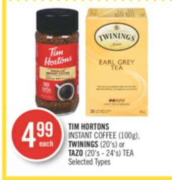 Shoppers Drug Mart Tim hortons instant coffee (100g), twinings (20's) or tazo (20's - 24's) tea offer