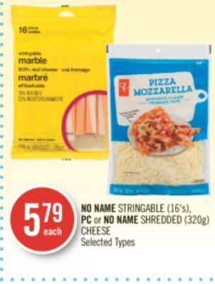 Shoppers Drug Mart No name stringable (16's), pc or no name shredded (320g) cheese offer