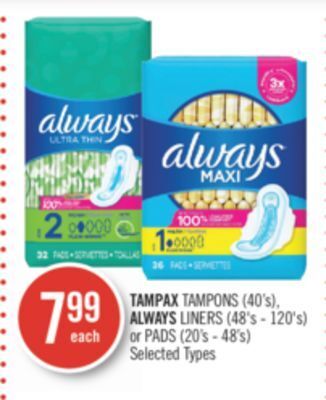 Shoppers Drug Mart Tampax tampons (40's), always liners (48's - 120's) or pads (20's - 48's) offer