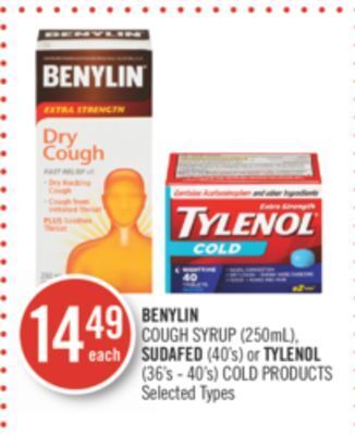 Shoppers Drug Mart Benylin cough syrup (250ml), sudafed (40's) or tylenol (36's - 40's) cold products offer