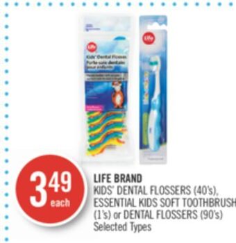 Shoppers Drug Mart Life brand kids' dental flossers (40's), essential kids soft toothbrush (1's) or dental flossers (90's) offer
