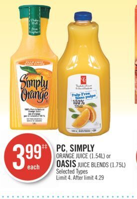Shoppers Drug Mart Pc, simply orange juice (1.54l) or oasis juice blends (1.75l) offer