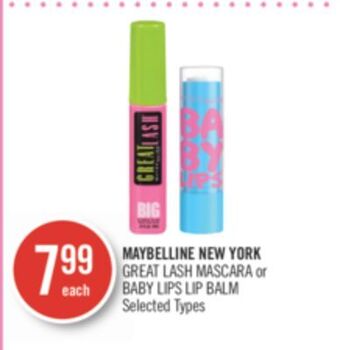 Shoppers Drug Mart Maybelline new york great lash mascara or baby lips lip balm offer