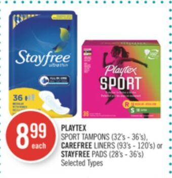 Shoppers Drug Mart Playtex sport tampons (32's - 36's), carefree liners (93's - 120's) or stayfree pads (28's - 36's) offer