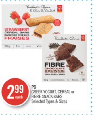 Shoppers Drug Mart Pc greek yogurt, cereal or fibre snack bars offer