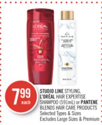 Shoppers Drug Mart Studio line styling, l'oreal hair expertise shampoo (591ml) or pantene blends hair care products offer