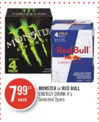 Shoppers Drug Mart Monster or red bull energy drink 4's offer