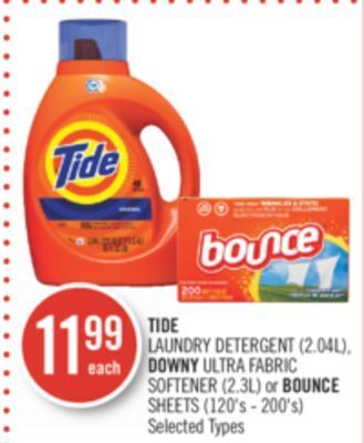 Shoppers Drug Mart Tide laundry detergent (2.04l), downy ultra fabric softener (2.3l) or bounce sheets (120's - 200's) offer
