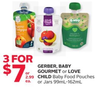 Rexall Gerber, baby gourmet or love child baby food pouches or jars 99ml offer