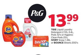 Rexall Tide liquid laundry detergent 2.72l-3.4l, pods 42' s or hygienic clean pods 25' s, ivory snow 1.36l or bounce sheets 200' s offer