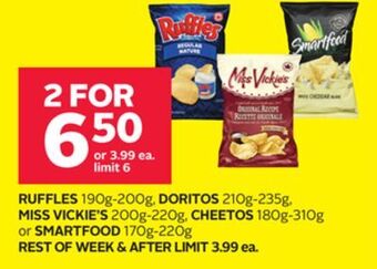 Rexall Ruffles 190g-200g, doritos 210g-235g, miss vickie's 200g-220g, cheetos 180g-310g or smartfood 170g-220g offer