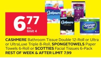 Rexall Cashmere bathroom tissue double 12-roll or ultra or ultraluxe triple 8-roll, spongetowels paper towels 6-roll or scotties fac offer