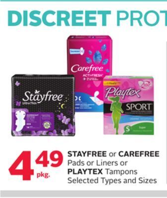 Rexall Stayfree or carefree pads or liners or playtex tampons offer