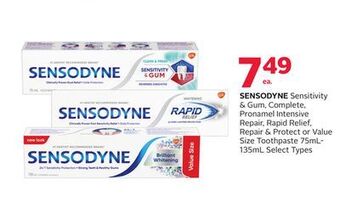 Rexall Sensodyne sensitivity & gum, complete, pronamel intensive repair, rapid relief, repair & protect or value size toothpaste offer