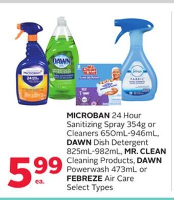 Rexall Microban 24 hour sanitizing spray 354g or cleaners 650ml-946ml, dawn dish detergent 825ml-982ml, mr. clean cleaning products, offer