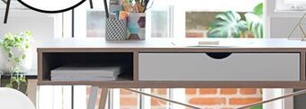 JYSK Abbetved 1-drawer office desk available in white or black with oak foil finish offer