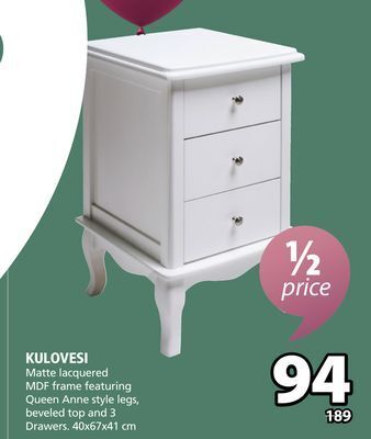 JYSK Kulovesi matte lacquered mdf frame featuring queen anne style legs, beveled top and 3 drawers offer