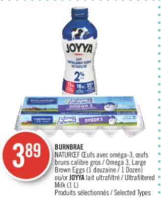 Pharmaprix Burnbrae naturœf omega 3, large brown eggs (1 dozen) or joyya ultrafiltered milk (1 l) offer