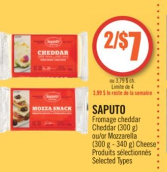 Pharmaprix Saputo cheddar (300 g) or mozzarella (300 g - 340 g) cheese offer