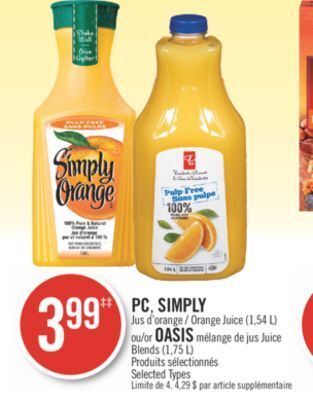 Pharmaprix Pc, simply orange juice (1,54 l) or oasis juice blends (1,75 l) offer