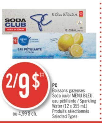 Pharmaprix Pc soda or blue menu sparkling water offer