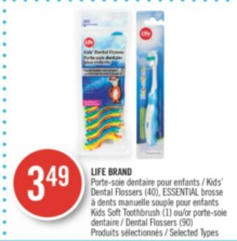 Pharmaprix Life brand kids' dental flossers (40), essential kids soft toothbrush (1) or dental flossers (90) offer