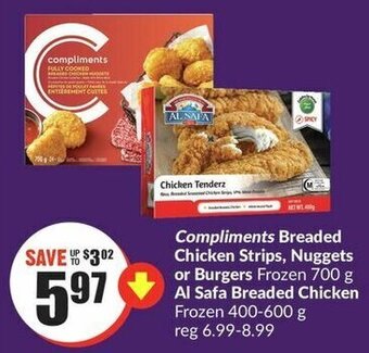FreshCo Compliments Breaded Chicken Strips, Nuggets or Burgers Frozen 700 g Al Safa Breaded Chicken offer